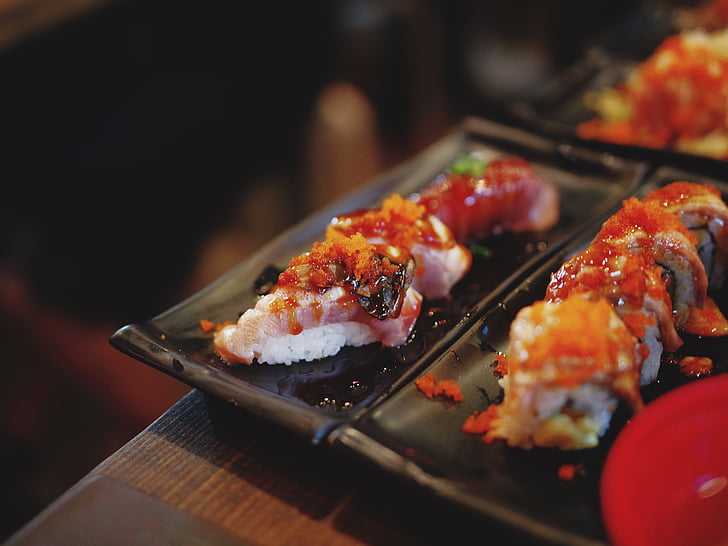 sushi, food, shrimp, rice, plate, japanese, restaurant