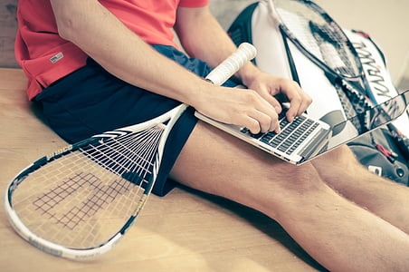 homme, MacBook, Air, blanc, tennis, raquette, raquette de tennis