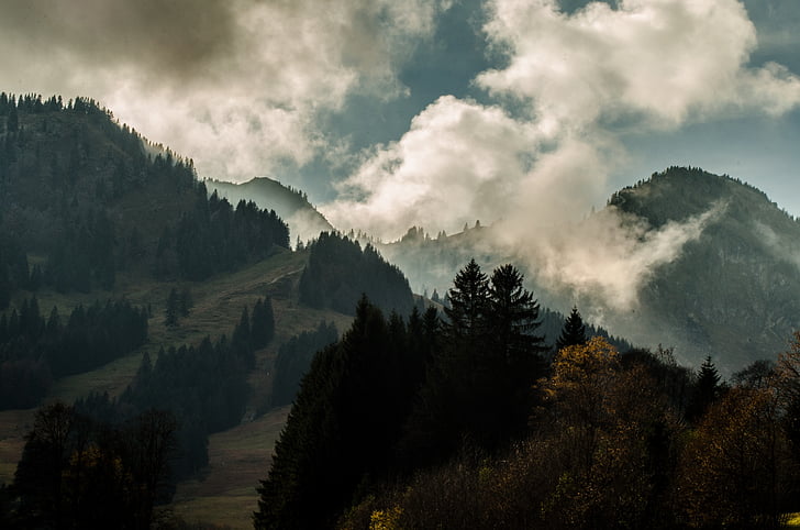 november, hangulat, Borús, táj, felhők, köd, hegyek