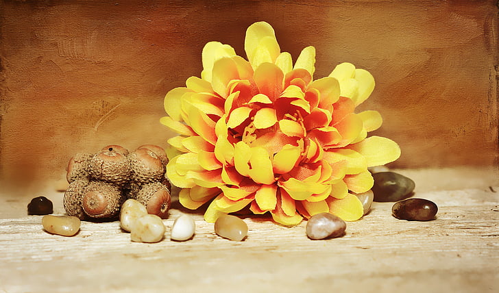 flor, dekoblume, flor de tecido, flor, flor, amarelo, pedra