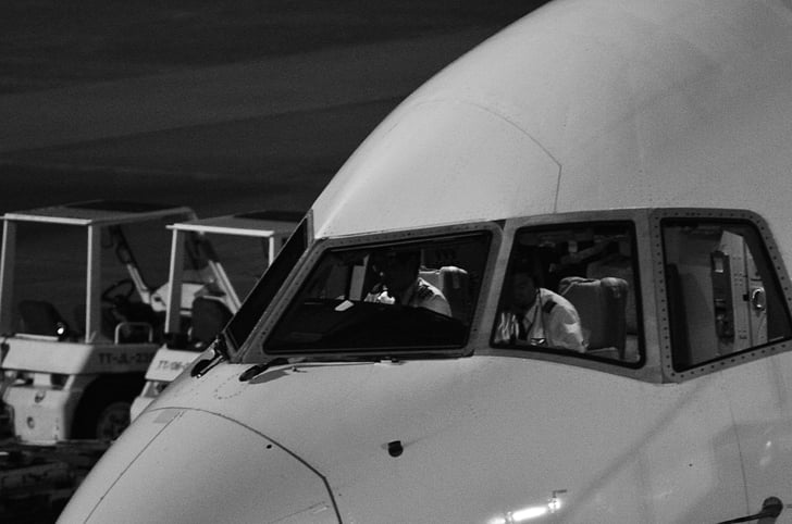 Boeing, cockpittet, fly, flyvemaskine, sort og hvid