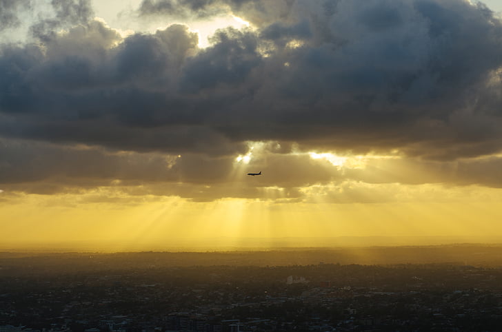 crepuscular, rays, stratus, clouds, sunbeams, airplane, flying