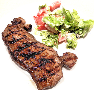 strip pinggang steak, BBQ, salad, Makanan