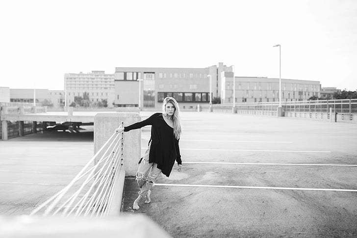 black-and-white, fashion, model, parking deck, person, woman