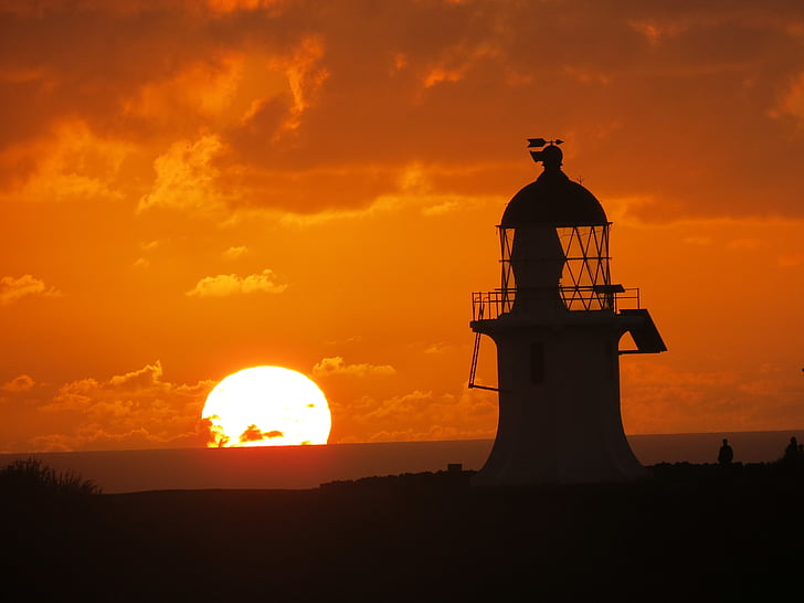 solnedgång, Lighthouse, kvällen, siluett, landmärke, resor, Nya Zeeland