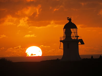 zonsondergang, vuurtoren, avond, silhouet, Landmark, reizen, Nieuw-Zeeland