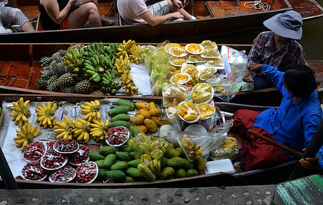fruits, boats, cooking, food, travel, tropical, thailand