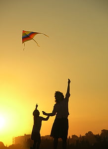 kite, mother, family, sky, happy, flying, playful