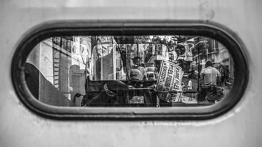 reflection, mirror, street, mirror reflection, woman, face, black And White