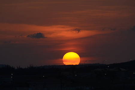 puesta de sol, gran montaña, Curacao