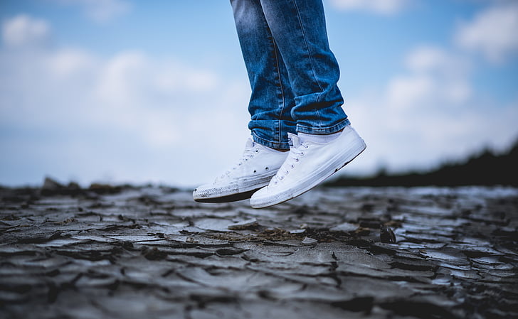 white, shoe, sneakers, land, jump, jeans