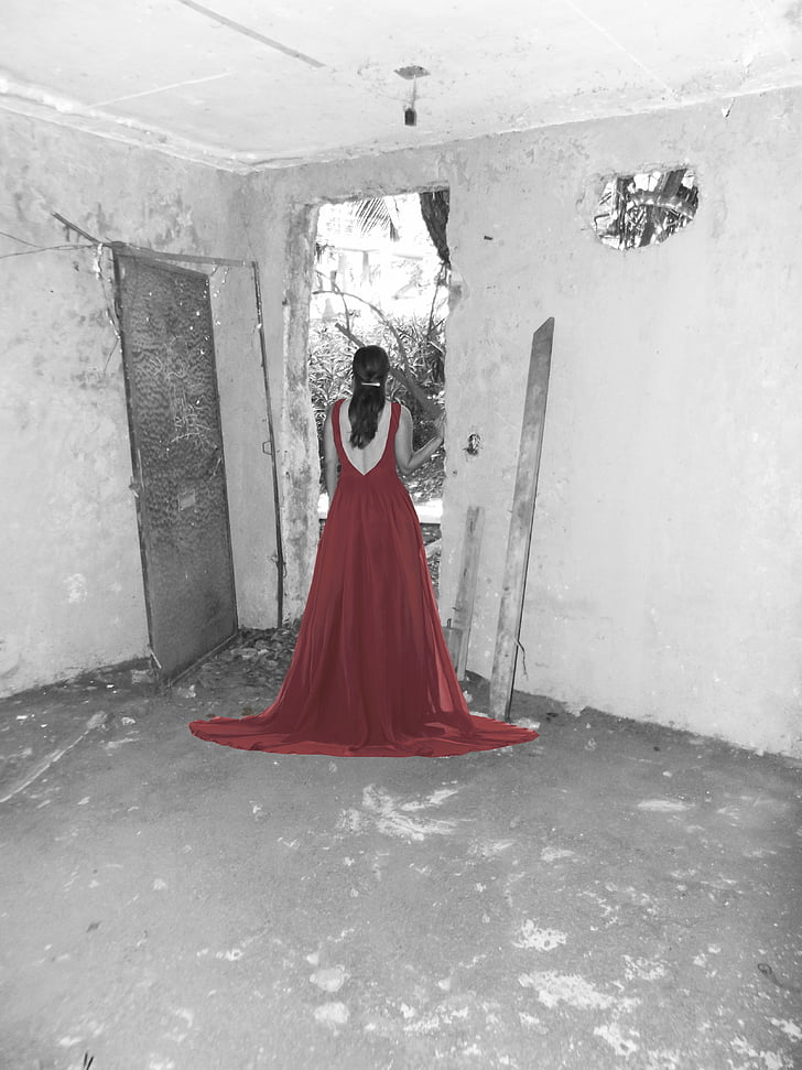 dress, red, women, girl, beauty, rubble, farewell