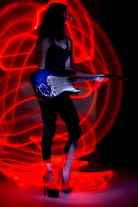 roccia, chitarra, donna, al neon, sexy, luce rossa