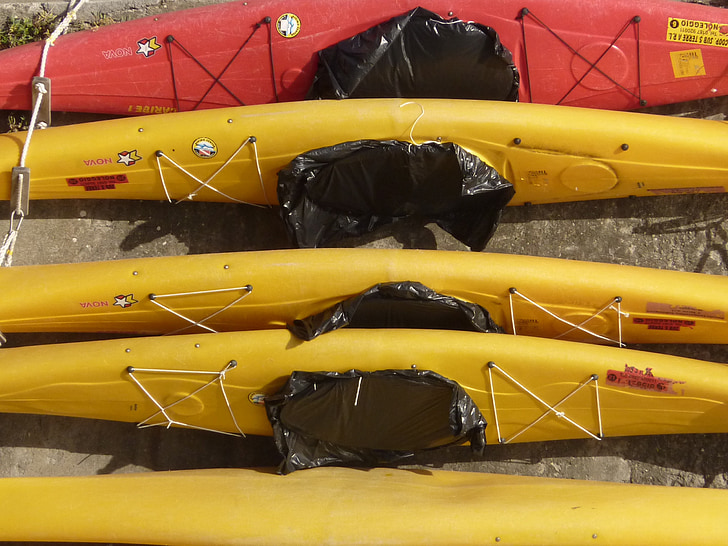 kayak, jaune, rouge, sec, eau blanche, mer
