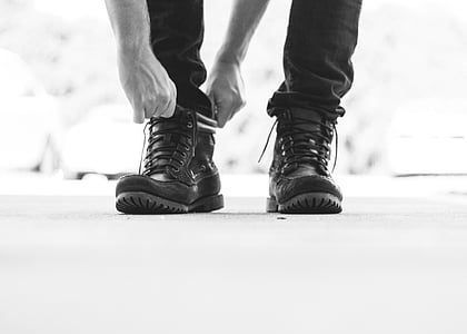 grayscale, photo, pair, lace, boots, feet, man