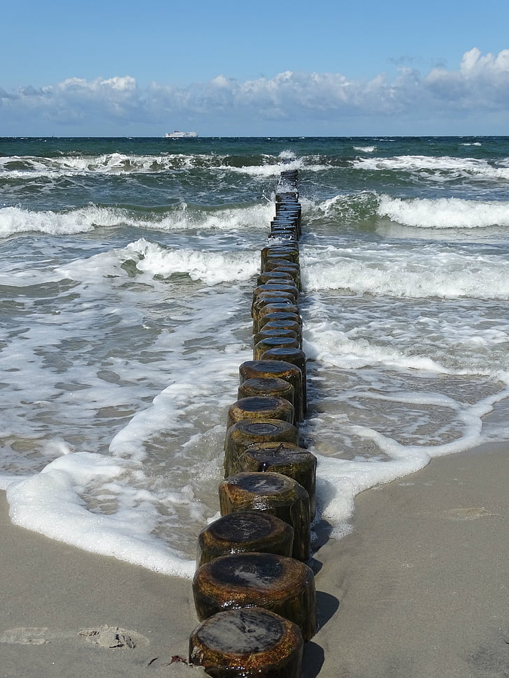 baltic sea, sea, water, beach, wave, groyne, wooden posts