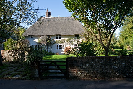 casa de campo, Inglés, país, techo de paja paja, muro del jardín, Bosham, sussex del oeste