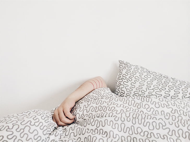 person, hugging, white, gray, pillow, sleeping, bed