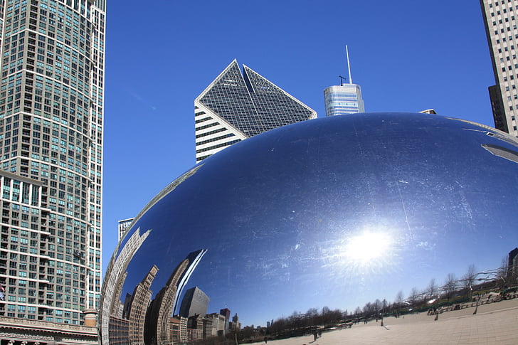 Chicago, Chicago bönan, spegling, metall, metall boll, konst, böna