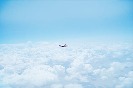 Branco, avião, nuvens, dia, acima das nuvens, céu, azul