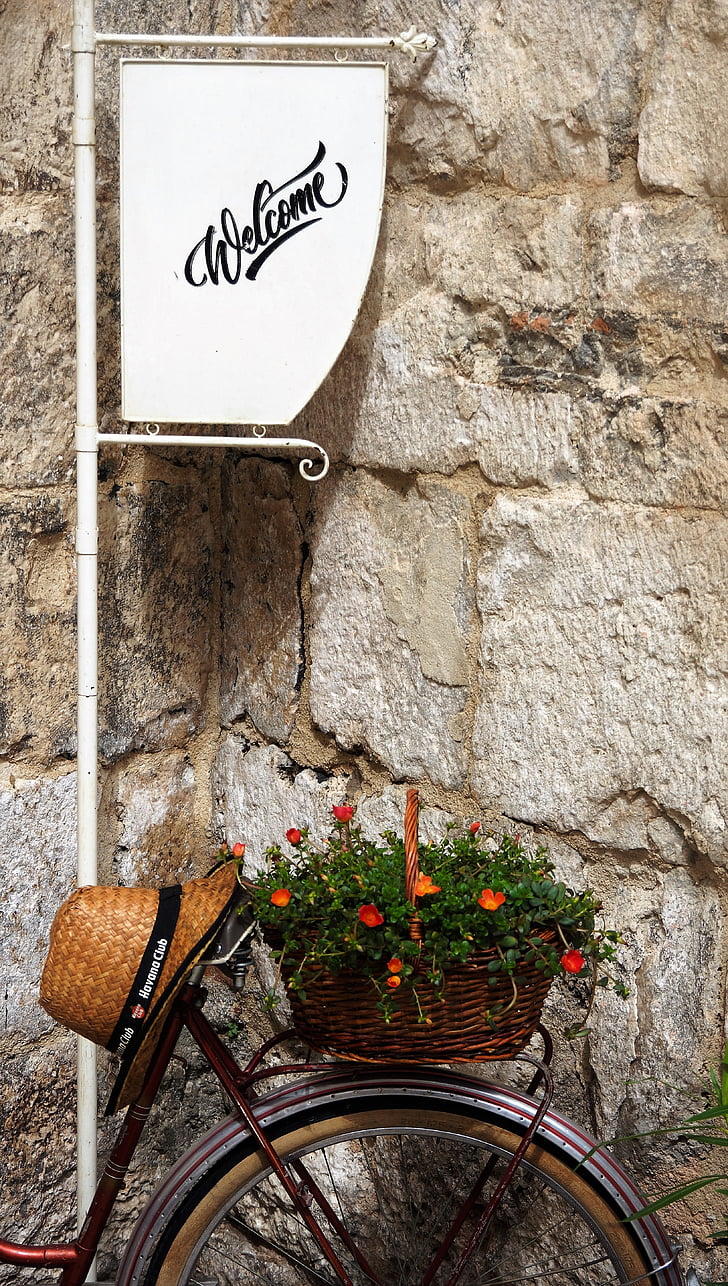 velosipēdu, laipni lūdzam, ziedi, cepure, Horvātija, zīme, iela