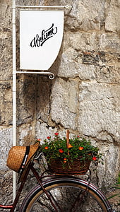 Bisiklet, hoş geldiniz, çiçekler, şapka, Hırvatistan, işareti, sokak