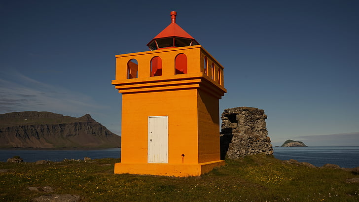 farol, Islândia, amarelo, colorido, mar, litoral