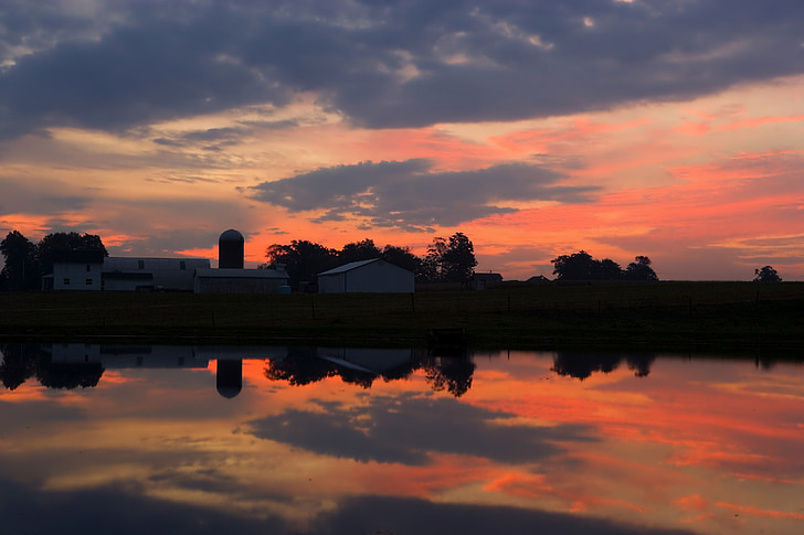 Ohio, zonsondergang, boerderij, platteland, hemel, wolken, silhouetten