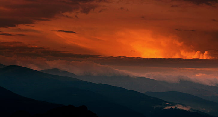 puesta de sol, montaña, Arriba, nube, rojo