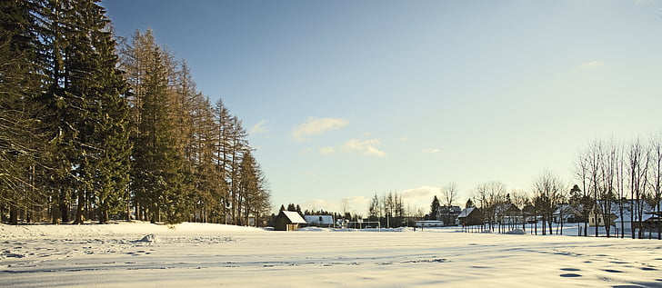 invierno, aldea, nieve, frío, cubierto de nieve, paisaje, cielo