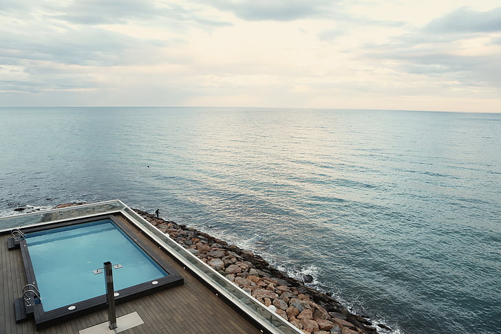 terasa, piscină, lângă, ţărmul mării, ocean, mare, Hotel