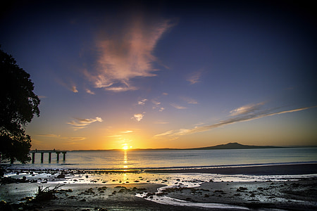 východ slunce, pláž, Nový Zéland, Auckland, Murrays bay