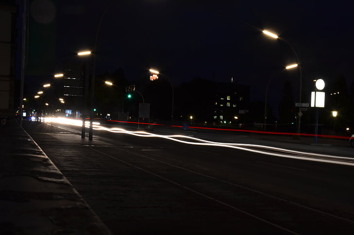 Hamburg, éjszaka, közúti, város, forgalom, fény, fények