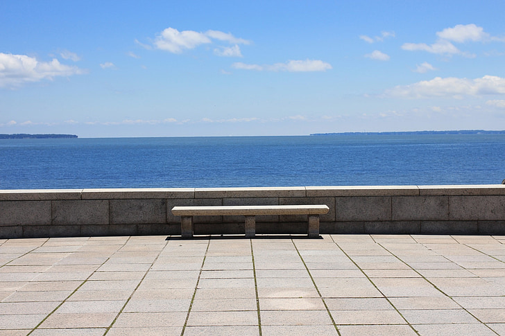 sea, sea view, bench, vista, view, horizon, peace