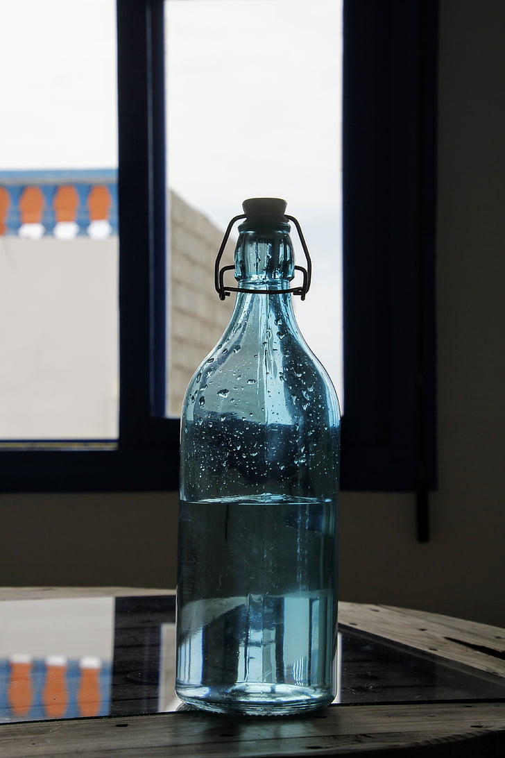 glass bottle, blue, water, water bottle, glass, color