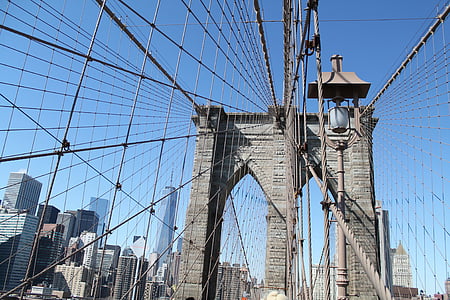 NYC, Γέφυρα του Μπρούκλιν, Νέα Υόρκη, πόλη, στον ορίζοντα, Μανχάταν, ουρανοξύστης