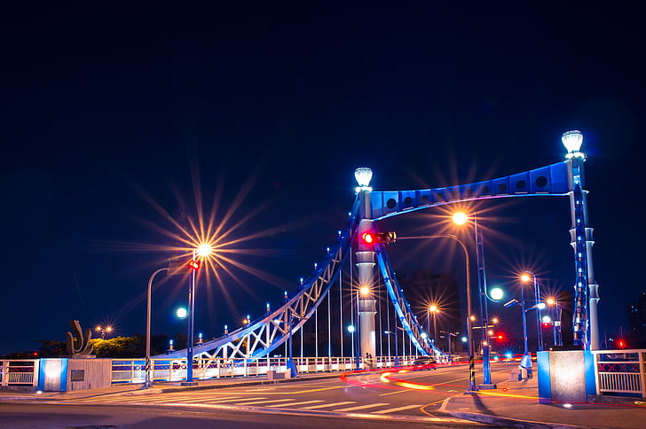 Pont, vista nocturna, ombra, nit, trànsit, carrer, il·luminat
