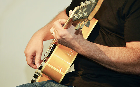 play guitar, guitar, music, instrument, musical instrument, hand, strings