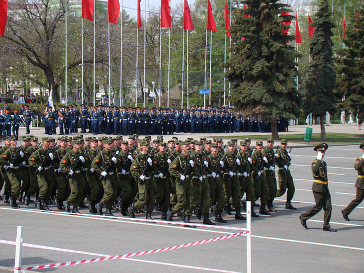Parade, Segerdagen, Samara, Ryssland, område, trupper, soldater