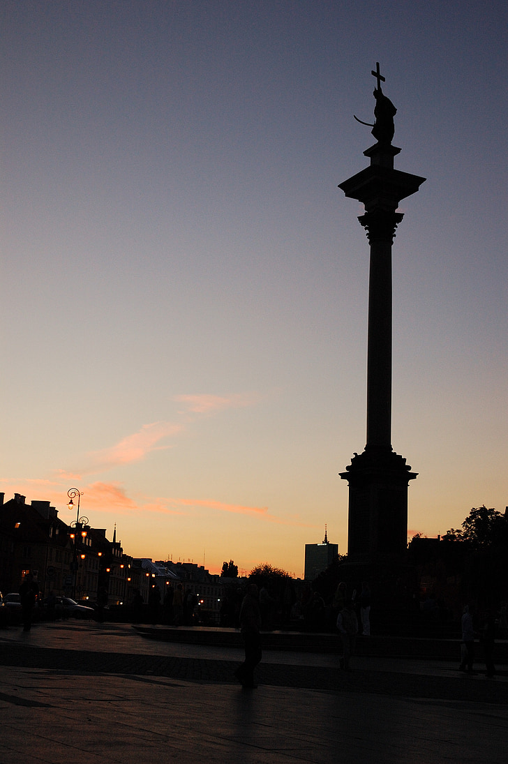 Varsovia, Monumento, Polonia, noche, puesta de sol, lugar famoso, al atardecer
