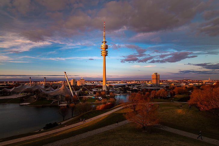 Munich, montaña de Olympia, Estadio Olímpico, Ver, puesta de sol, azul, abendstimmung