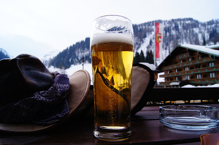 chapeau, bière, montagnes, nature, hiver, neige, soif