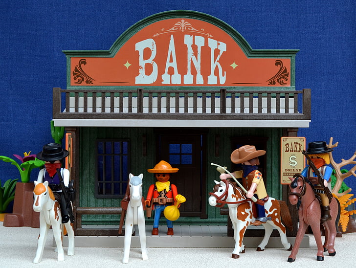 Playmobil, Lääne, Pank, Ameerika Ühendriigid, Ameerikas, röövimine, mänguasjad