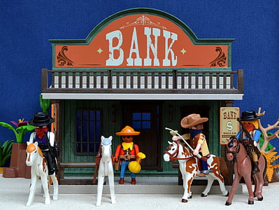 Playmobil, západní, banka, Spojené státy americké, Amerika, loupež, hračky