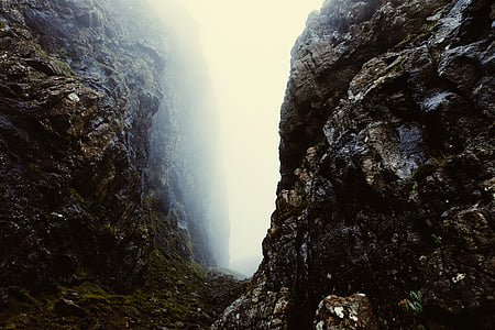 rugged, cliff, mist, rocks, fog, path, rock - object