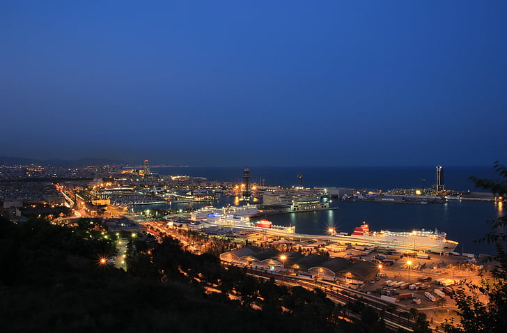 Barcelona, luka, Plavi sat, noć, Gradski pejzaž, arhitektura, poznati mjesto