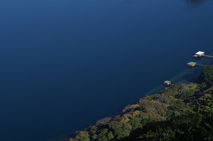 Salvadoras, ežeras, coatepeque, mėlyna, vandens, miško, nameliai