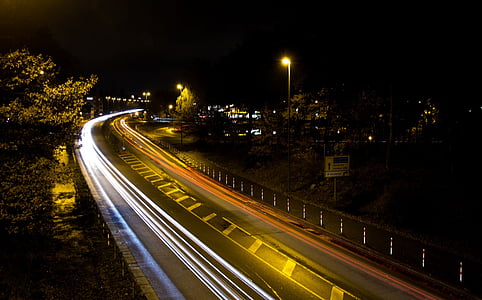 tráfego, luzes de pista, estrada, longa exposição, à noite