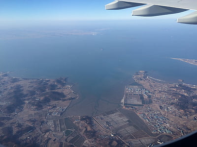 Koreaanse west-zee, in het vliegtuig naar de westkust, op het vliegtuig, probeert weer te geven van de vertegenwoordiger, Republiek korea, land van Korea, vliegtuig