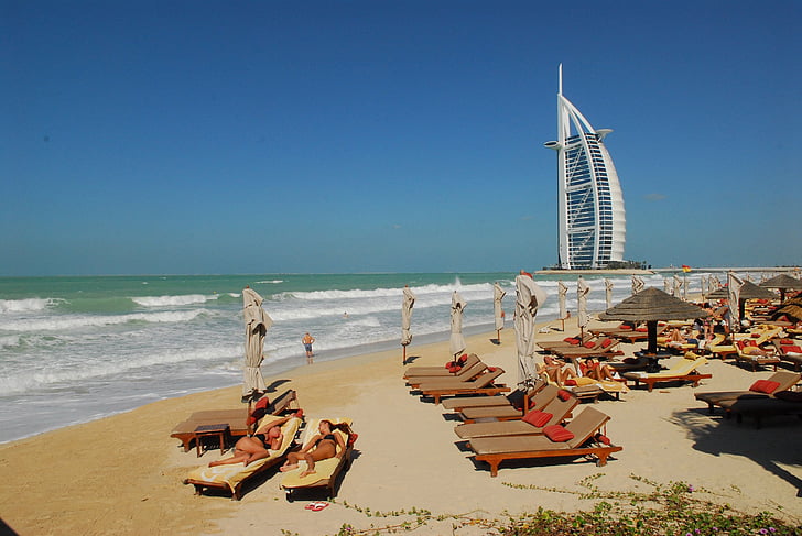 Dubaj, pláž, Já?, obloha, Burdž Al-Arab, Horizont, Hotel